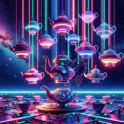The primary subject of the image is a large, colorful tea set, which includes a teapot and several cups. The setting is a futuristic, neon-lit environment, with a purple background. The visual style is a digital art or illustration, creating a vibrant and whimsical atmosphere. The dominant colors are purple, pink, and blue, giving the scene a unique and eye-catching appearance.